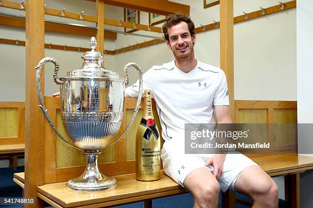 Andy Murray of Great Britain poses with the Aegon Championships trophy after winning his record breaking fifth title with victory in his final match...