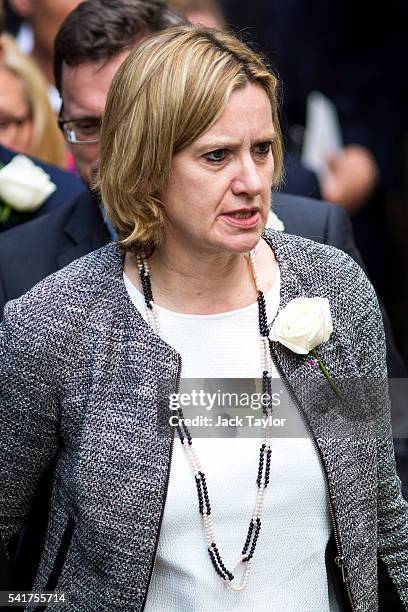 Energy and Climate Change Secretary Amber Rudd leaves following a remembrance service for Jo Cox at St Margaret's church on June 20, 2016 in London,...