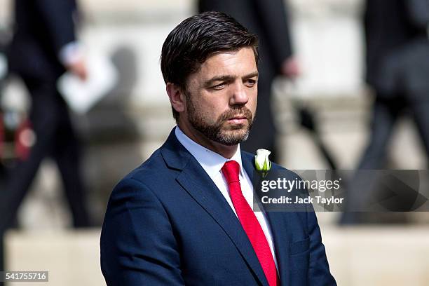 Work and Pensions Secretary Stephen Crabb leaves following a remembrance service for Jo Cox at St Margaret's church on June 20, 2016 in London,...