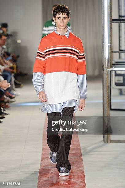 Model walks the runway at the MSGM Spring Summer 2017 fashion show during Milan Menswear Fashion Week on June 20, 2016 in Milan, Italy.