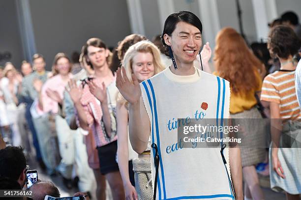 Model walks the runway at the Moto Guo Spring Summer 2017 fashion show during Milan Menswear Fashion Week on June 20, 2016 in Milan, Italy.