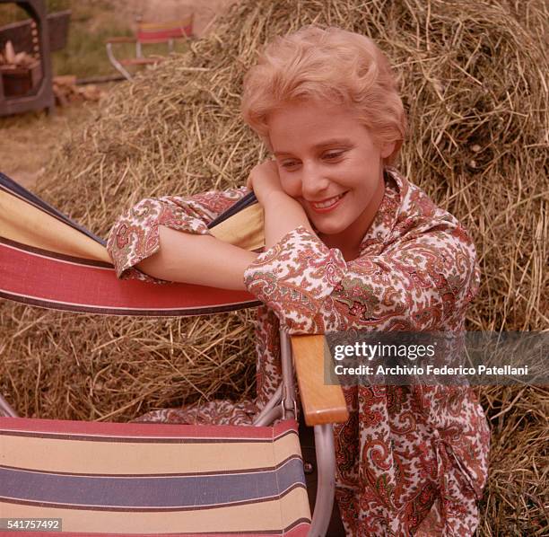 Actress Maria Schell on the set of the movie Uragano sul Po, directed by Horst Hacler. | Location: Schell, Maria.