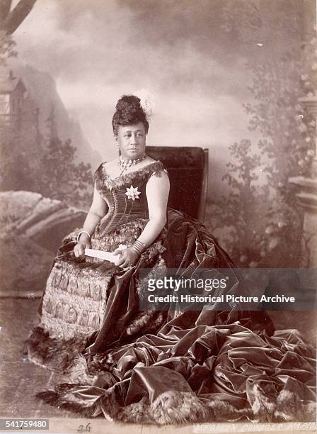 Queen Dowager Kapi'olani , queen of the Kingdom of Hawaiʻi, wearing peacock gown, London, UK, 1887.