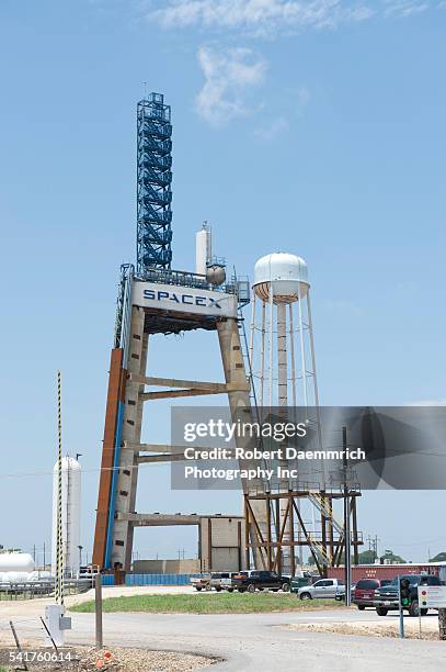 The SpaceX facility in McGregor, Texas where a rocket test stand juts skyward that will be used for future tests of private launch vehicles by...