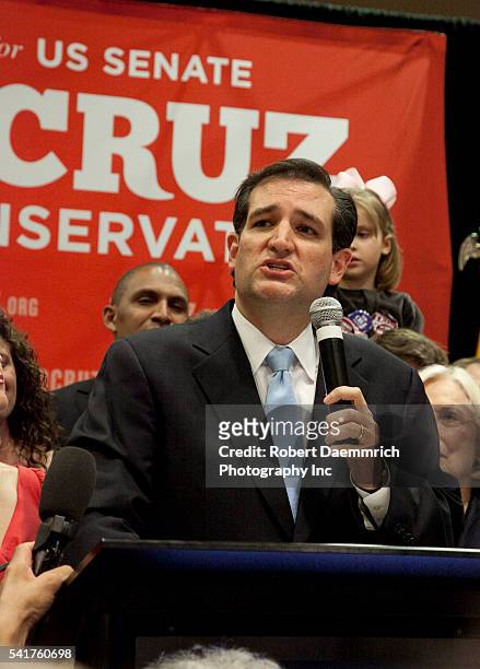 Challenger Ted Cruz gives a victory speech to cheering Texas supporters following his upset victory over Republican favorite David Dewhurst in a...