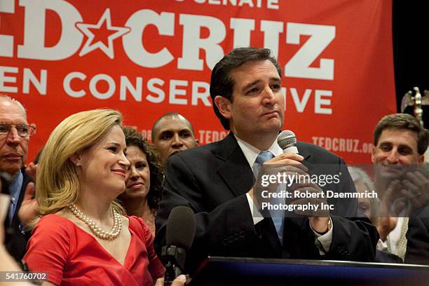 Challenger Ted Cruz gives a victory speech to cheering Texas supporters following his upset victory over Republican favorite David Dewhurst in a...