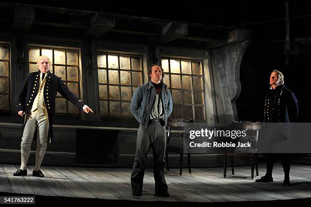 John Mark Ainsley as Captain Vere, Jacques Imbrailo as Billy Budd and Phillip Ens as Claggart in the Glyndebourne production of Benjamin Britten's...