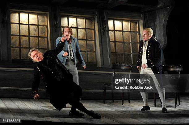 Phillip Ens as Claggart, Jacques Imbrailo as Billy Budd and John Mark Ainsley as Captain Vere in the Glyndebourne production of benjamin Britten's...