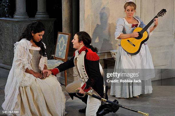 Kishani Jayasinghe as Countess Almaviva, Anna Grevelius as Cherubino and Sophie Evans as Susanna in Garsington Opera's production of Wolfgang Amadeus...