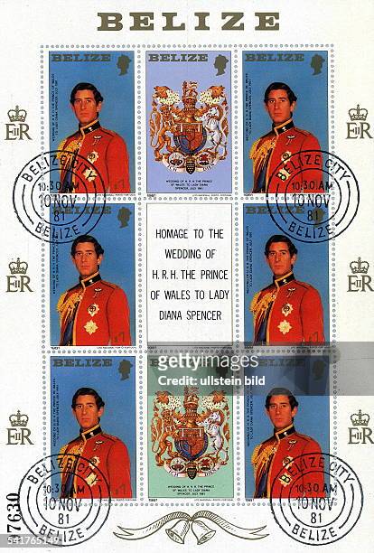 Charles, Prince of Wales *-Thronfolger, GB- Briefmarkensatz aus Beliz, Hondurasals Hommage an die Hochzeit von PrinzCharles und Lady Diana- 1981