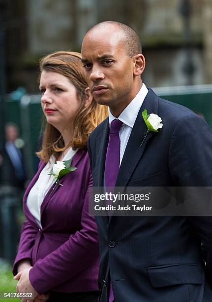 Labour politicians Chuka Umunna and Alison McGovern arrive for a remembrance service for Jo Cox at St Margaret's church on June 20, 2016 in London,...