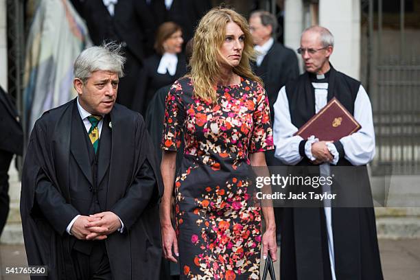 Speaker of the House of Commons Simon Bercow, his wife Sally Bercow and The Archbishop of Canterbury Justin Welby leave following a remembrance...