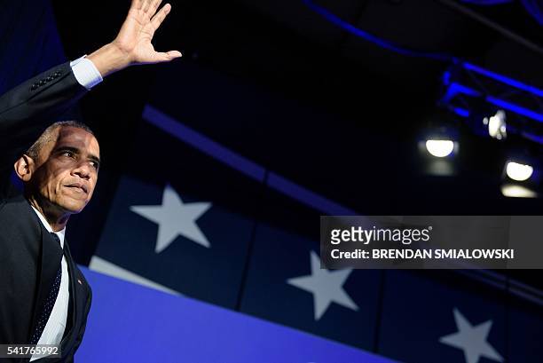 President Barack Obama waves after speaking during a SelectUSA Summit June 20, 2016 in Washington, DC. The Summit is the highest-profile event that...