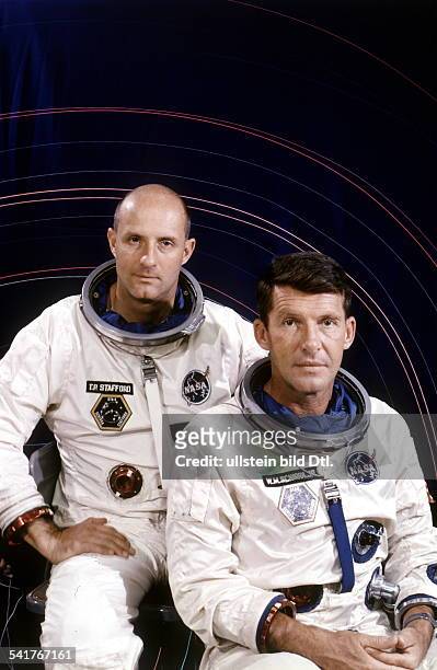 Astronauts Thomas P. Stafford and Wally Schirra in their space suits for Mission Gemini 6