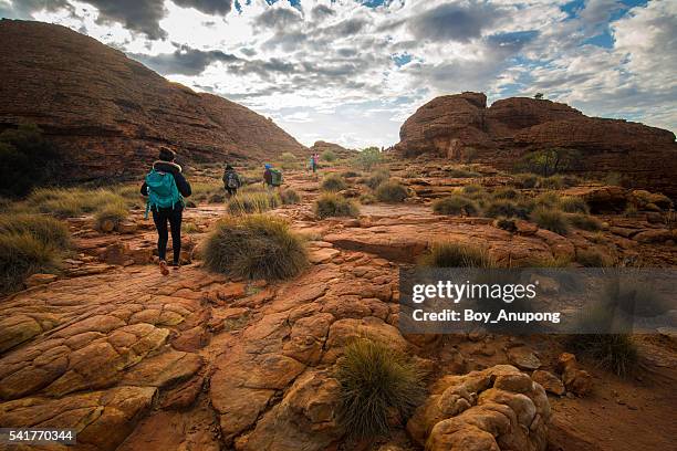 tourist trekking in kings canyon of centre australia. - kings canyon fotografías e imágenes de stock