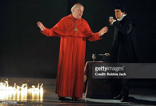 Paul Jesson as Cardinal Wolsey and Ben Miles as Thomas Cromwell in the Royal Shakespeare Company's production of Hilary Mantel's Wolf Hall directed...