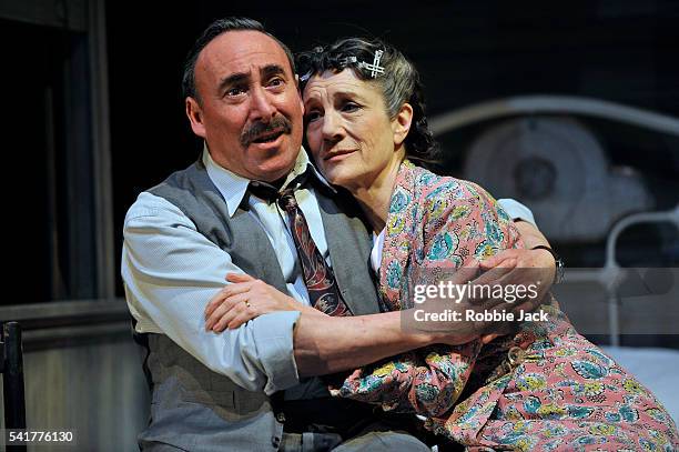 Antony Sher as Willy Loman and Harriet Walter as Linda Loman in the Royal Shakespeare Company's production of Arthur Miller's Death of a Salesman...