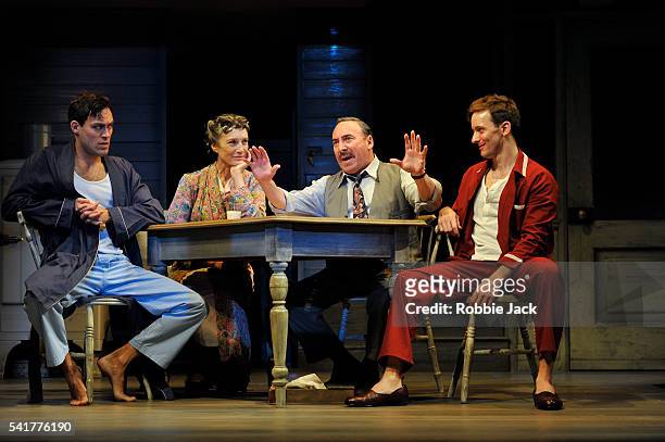 Alex Hassell as Biff, Harriet Walter as Linda Loman, Antony Sher as Willy Loman and Sam Marks as Happy in the Royal Shakespeare Company's production...