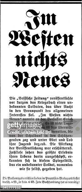 Remarque, Erich Maria *22.06.1898-+Schriftsteller, D- Anzeige fuer den Roman 'Im Westen nichts Neues' erschienen im Propylaeen Verlag OT: 'Die...