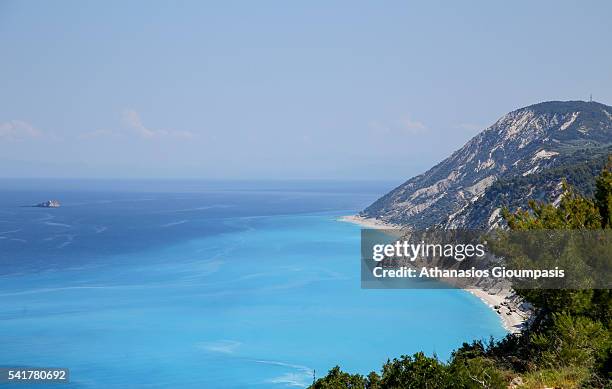 Panoramic view of Egremni beach with blue and clear waters and long sandy beach on June 08, 2016 in Lefkada,Greece. Egremni beach is located in the...