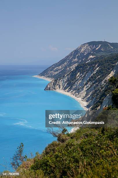 Panoramic view of Egremni beach with blue and clear waters and long sandy beach on June 08, 2016 in Lefkada,Greece. Egremni beach is located in the...