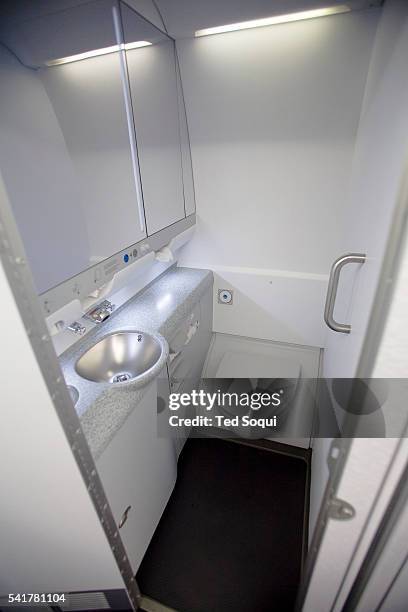 Lavatory on the A380, the world's largest passenger airliner, at Los Angles International Airport. The French made Airbus A380 has a wingspan of more...