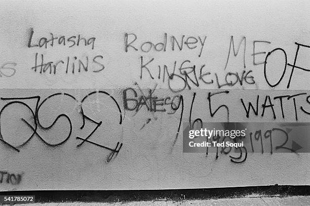 Graffiti on a wall in South Central Los Angeles. Los Angeles has undergone several days of rioting due to the acquittal of the LAPD officers who beat...