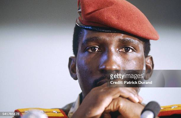 Leader of the Burkinabe revolution putting him at the head of the new government in Burkino Faso in 1983, Captain Thomas Sankara attends the eighth...