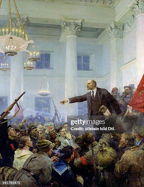 Lenin, Wladimir *22.04.1870-+Politiker; UdSSR- W.I. Lenin ruft im erstürmten Winterpalast vor bewaffneten Revolutionären die Sowjet-Macht aus -...