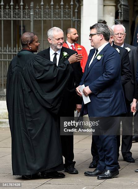 Jeremy Corbyn and Tom Watson leave following the remembrance service for Jo Cox at St Margaret's church in Westminster Abbey on June 20, 2016 in...