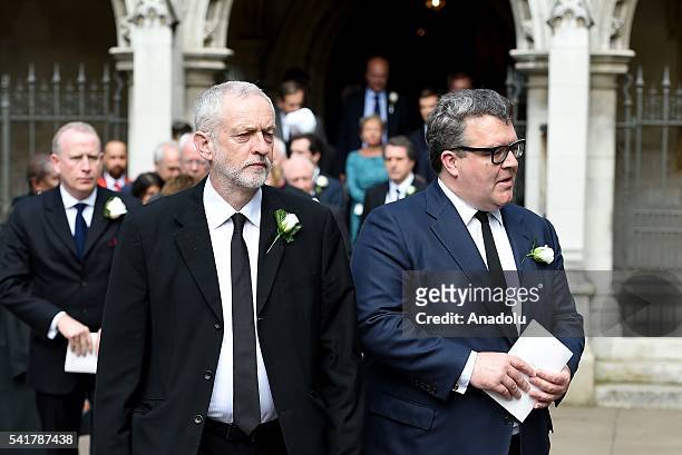 Jeremy Corbyn and Tom Watson leave following the remembrance service for Jo Cox at St Margaret's church in Westminster Abbey on June 20, 2016 in...