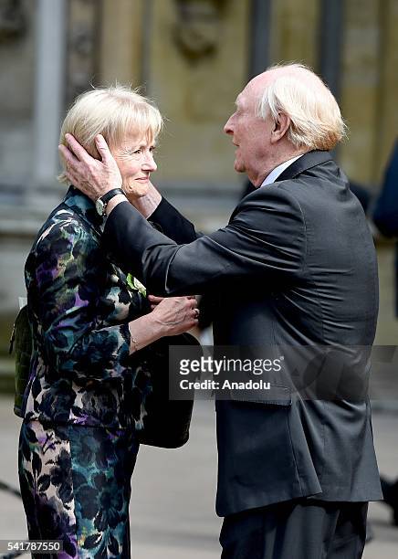Neil Kinnock and Glenys Kinnock, Baroness Kinnock of Holyhead leave following the remembrance service for Jo Cox at St Margaret's church in...