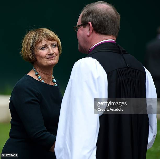 Tessa Jowell leaves following the remembrance service for Jo Cox at St Margaret's church in Westminster Abbey on June 20, 2016 in London, England.