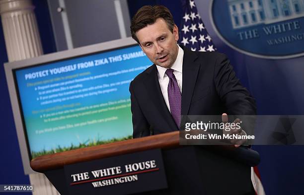 White House Press Secretary Josh Earnest briefs members of the media at the White House June 20, 2016 in Washington, DC. Earnest opened the day's...
