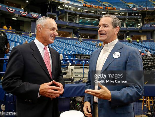 Tampa Bay Rays principal owner Stuart Sternberg greets Commissioner of Baseball Robert D. Manfred Jr. Before the Opening Day game against the Toronto...
