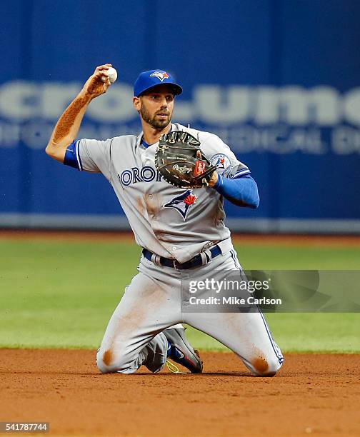 Chris Colabello of the Toronto Blue Jays throws for a put out against the Tampa Bay Rays during the Opening Day game at Tropicana Field on Sunday,...