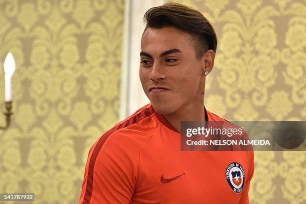 Chile's national team player Eduardo Vargas attends a press conference at the Renaissance Hotel in Chicago on June 20, 2016. Chile will face Colombia...