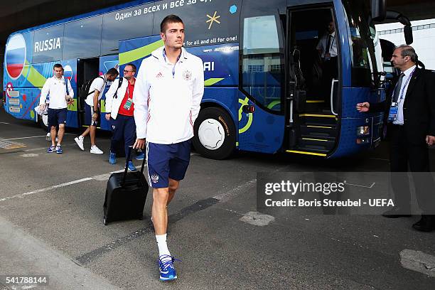 Roman Neustadter of Russia is seen on arrival at the stadium prior to the UEFA EURO 2016 Group B match between Russia and Wales at Stadium Municipal...