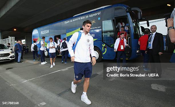Igor Denisov of Russia is seen on arrival at the stadium prior to the UEFA EURO 2016 Group B match between Russia and Wales at Stadium Municipal on...