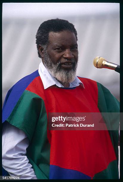 Portrait of Sam Nujoma, future President of Namibia and leader of the South-West Africa People's Organization , delivering a speech before the...