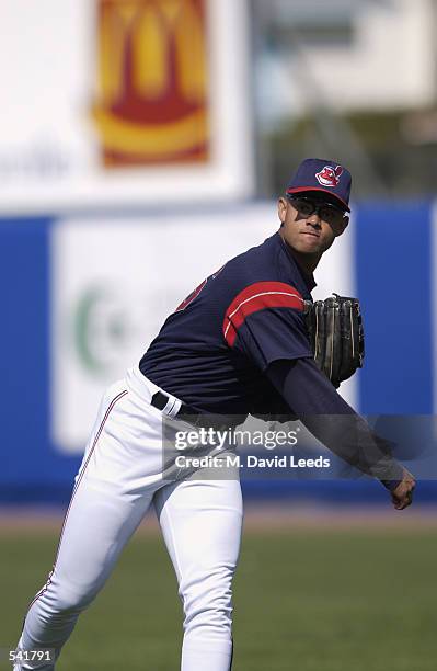 Alex Escobar of the Cleveland Indians fields the ball during the spring training game against the Minnesota Twins at Chain of Lakes Park in Winter...