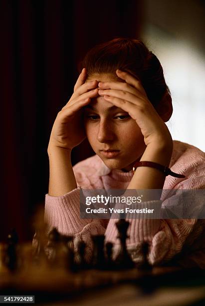 Twelve year old Hungarian chess prodigy Judith Polgar during a France-Hungary game.