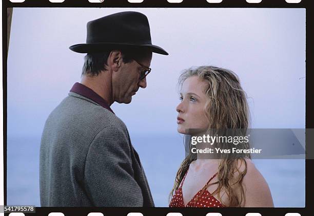 French actress Julie Delpy and American actor Sam Shepard on the set of 'Homo Faber' , directed by Volker Schlöndorff, 1991.