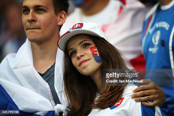 Slovakian fan looks on during the UEFA EURO 2016 Group B match between Slovakia v England at Stade Geoffroy-Guichard on June 20, 2016 in...