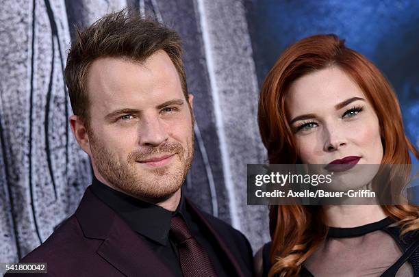 Actors Rob Kazinsky and Chloe Dykstra arrive at the premiere of Universal Pictures' 'Warcraft' at TCL Chinese Theatre IMAX on June 6, 2016 in...