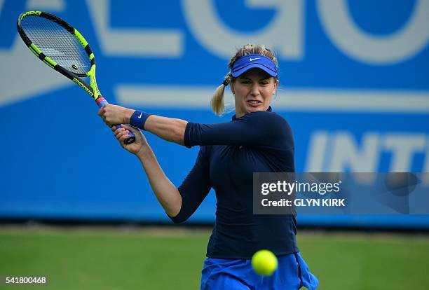 Canada's Eugenie Bouchard returns to US player Varvara Lepchenko during their women's 1st round match at the WTA Eastbourne International tennis...