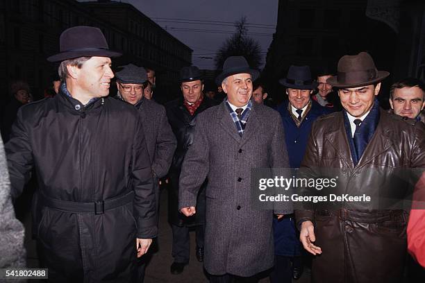 President Leonid Kravchuk leaves the polling station during voting for the Ukrainian Independence Referendum.