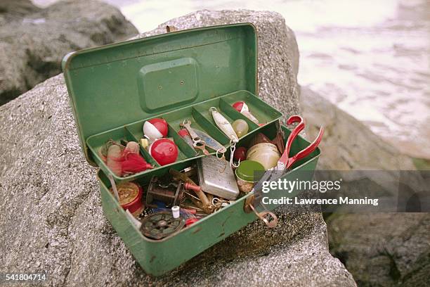 tackle box with fishing equipment - tackle stockfoto's en -beelden