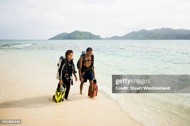 scuba diving couple - south pacific ocean fotografías e imágenes de stock