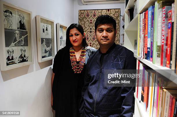 Prateek & Priyanka Raja Co-founders, Experimenter Art Gallery at the reading room looking over Sarnath Banerjees work on January 21, 2016 in Kolkata,...